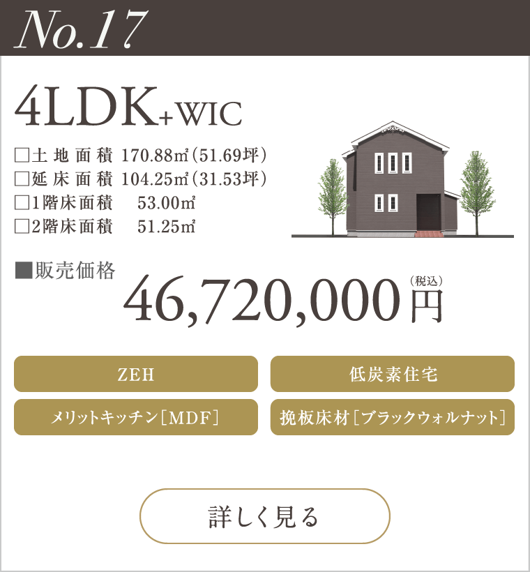 【No.17】4LDK+WIC
46,720,000円（税込）
ZEH
メリットキッチン［MDF］
低炭素住宅
挽板床材［ブラックウォルナット］